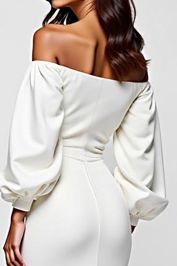 Witte Off The Shoulder Satijnen Afstuderen Jurk met Lange Mouwen Mode – Bild 4