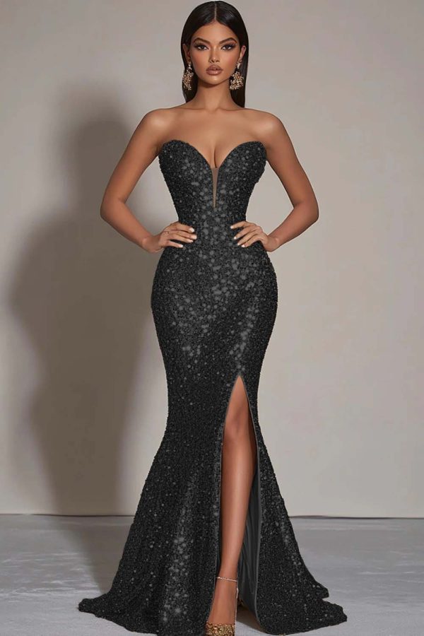 Sprankelende gouden pailletten strapless zeemeermin formele jurk met split Online – Bild 4
