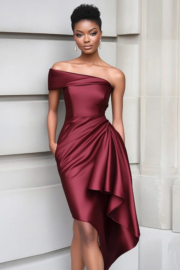 Gegolfde One Shoulder Tight Bourgondische knielengte Galajurk Verkauf