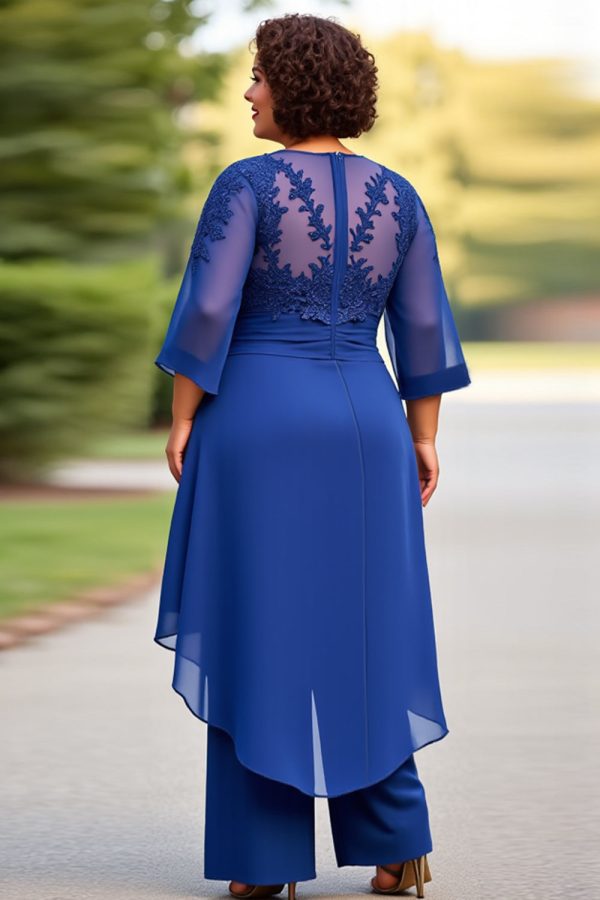 Koningsblauwe 2-delige chiffon plus size moeder van de bruid broekpakken met 3 4 mouwen Verkauf – Bild 2