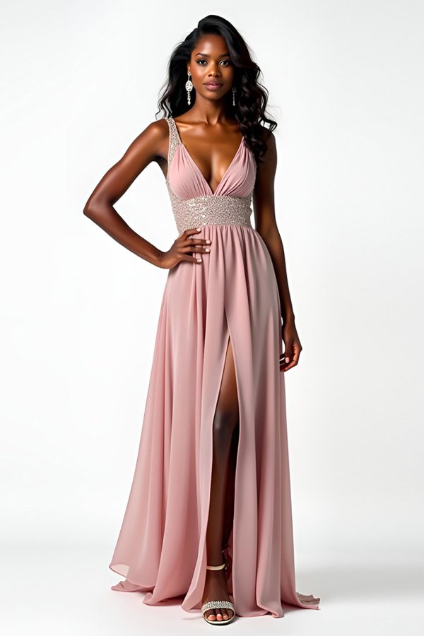Blush V-hals lange formele jurk met ruches en split Im Angebot