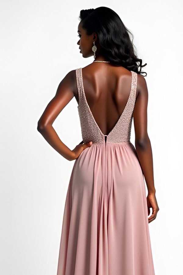 Blush V-hals lange formele jurk met ruches en split Im Angebot – Bild 4