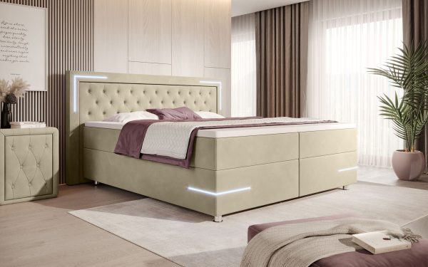 Lit boxspring Carlotta en velours avec éclairages LED, rangements et pieds chromés - 7 coloris Im Angebot – Bild 2