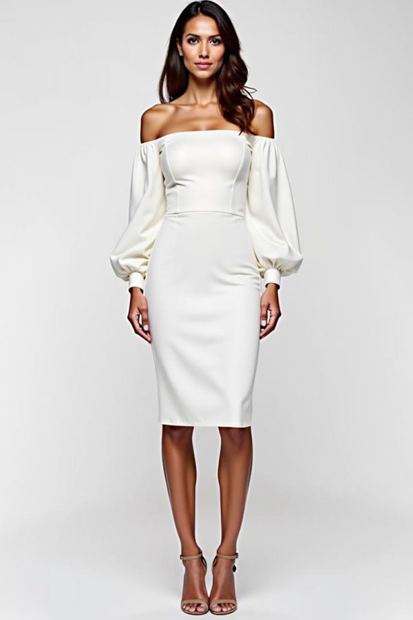 Witte Off The Shoulder Satijnen Afstuderen Jurk met Lange Mouwen Mode