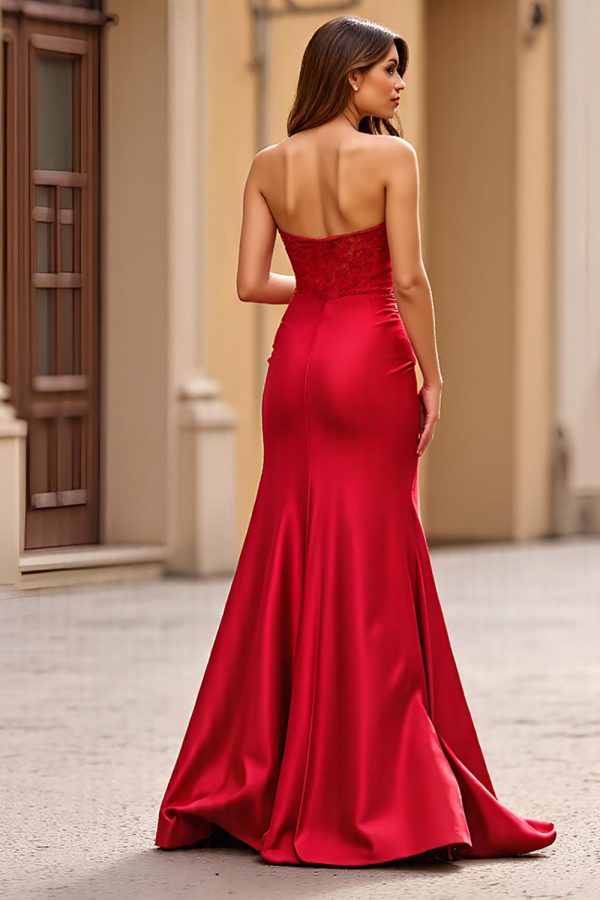 Strapless Kant Rode Satijnen Schede Galajurk met Split Verkauf – Bild 2