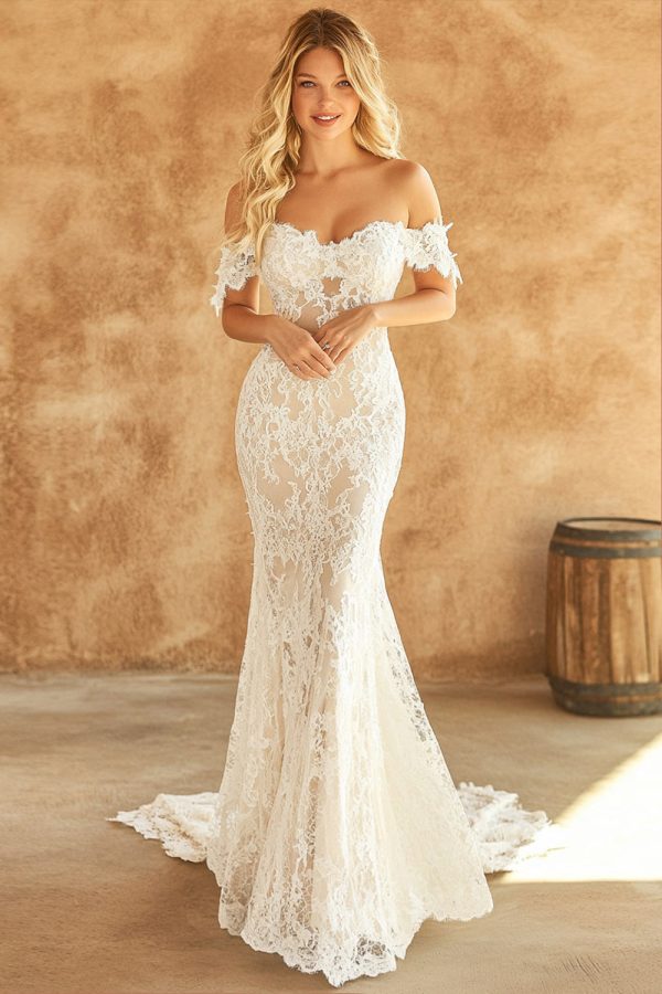 Witte zeemeermin off the shoulder kant lange trouwjurk Zu verkaufen