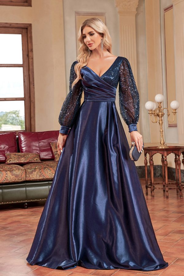 Navy Pailletten Lange Mouwen A Line Moeder Van De Bruid Dresse Mode – Bild 3