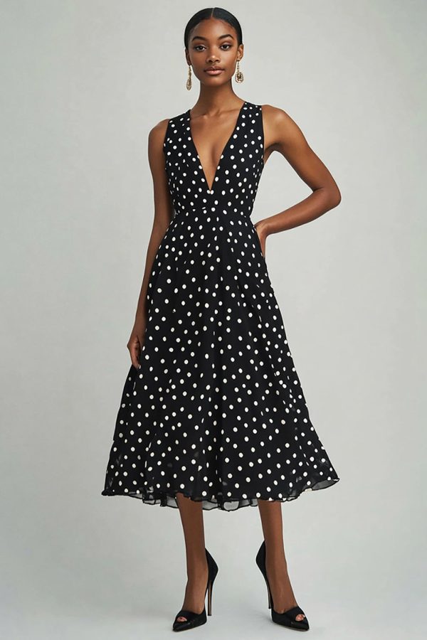 A Line Chiffon V-hals Zwart Witte Stippen Jurk Online