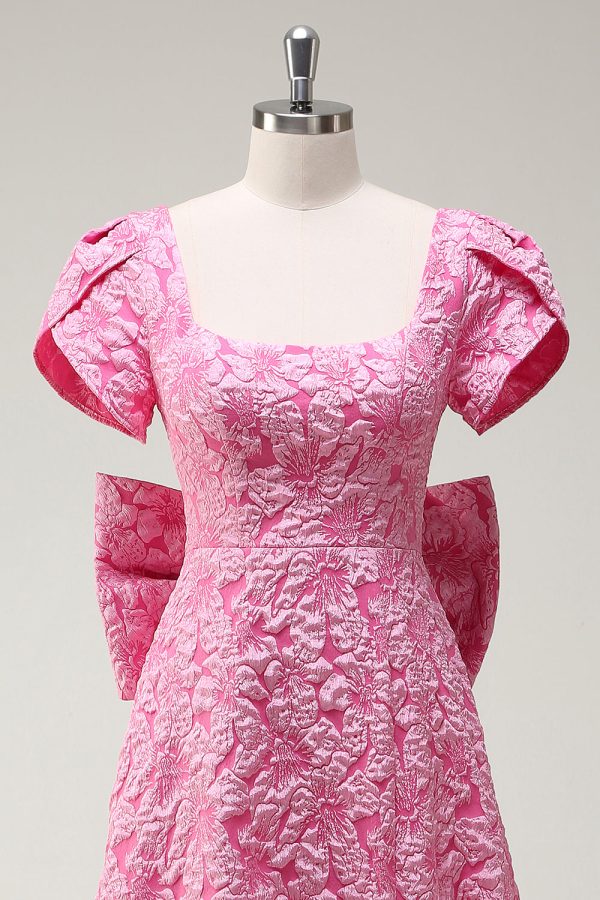 Fuchsia A-Line Bow Floral Galajurk met Vierkante Hals en Split Rabatt – Bild 4