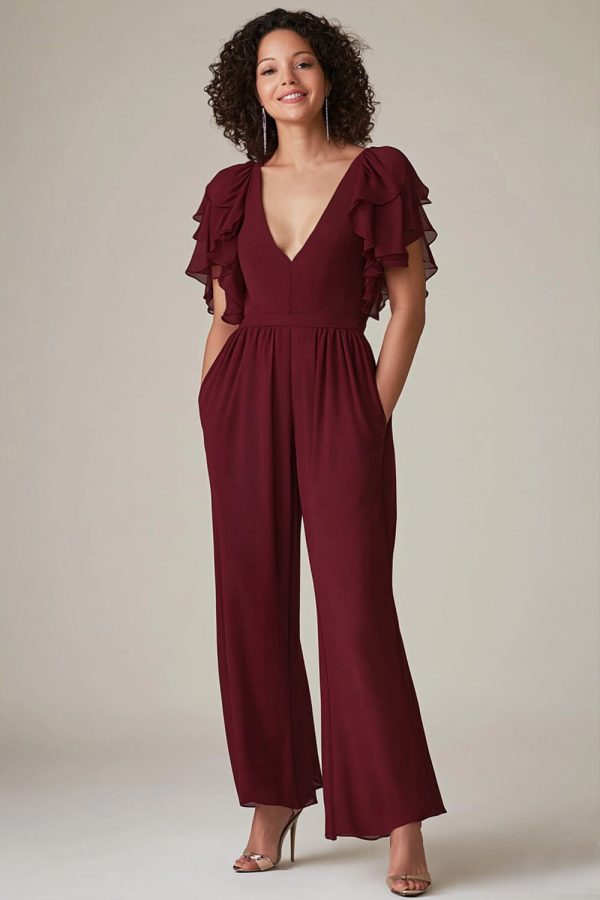 Bourgondische chiffon moeder jumpsuit met ruches Jetzt online