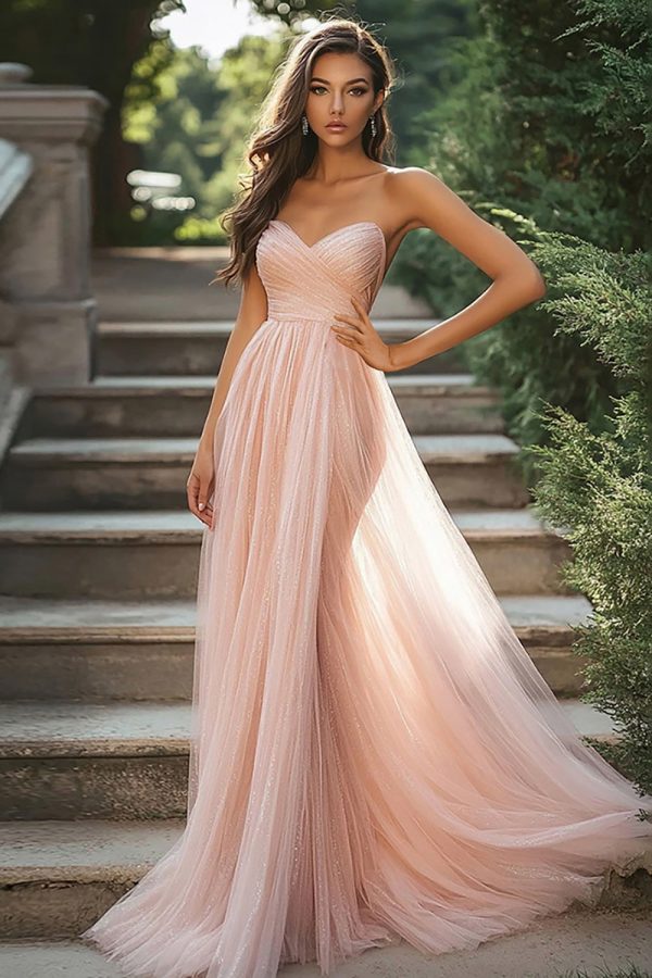 Chique Blush Sweetheart A-lijn Ruched Tule Lange Galajurk Met Split Zu verkaufen