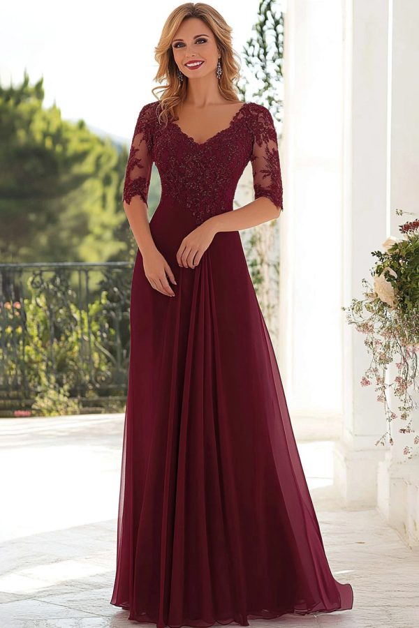 Elegante Bourgondische A Line V-hals chiffon lange moeder van de bruid jurk met kant appliques Verkauf