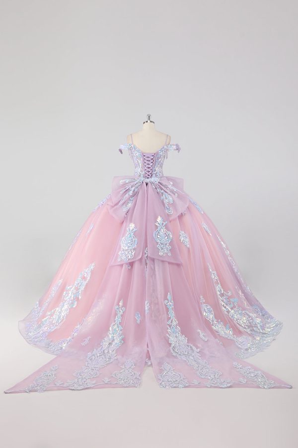 Prinses Blozen Roze Off de Schouder Pailletten Strass Tulle Quinceanera Jurk met Strik Online-Schn?ppchen – Bild 2