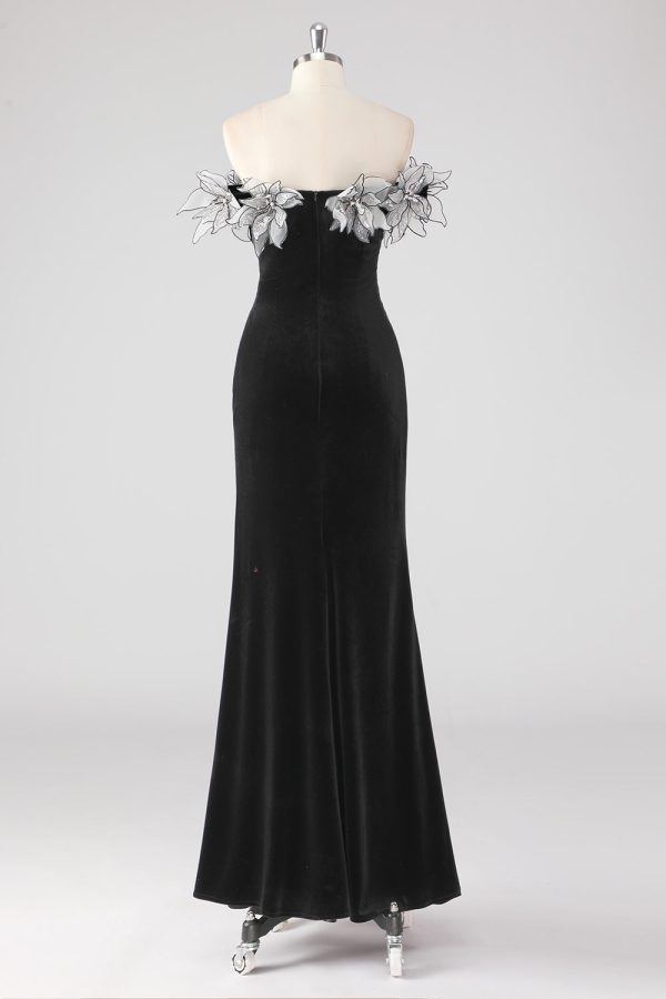 Zwarte zeemeermin strapless geplooide formele jurk met 3D bloemen Online-Schn?ppchen – Bild 2