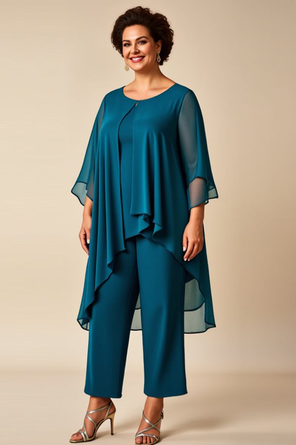 Chiffon Pauw Ronde Hals Plus Size Moeder Van Bruid Broekpakken Mode
