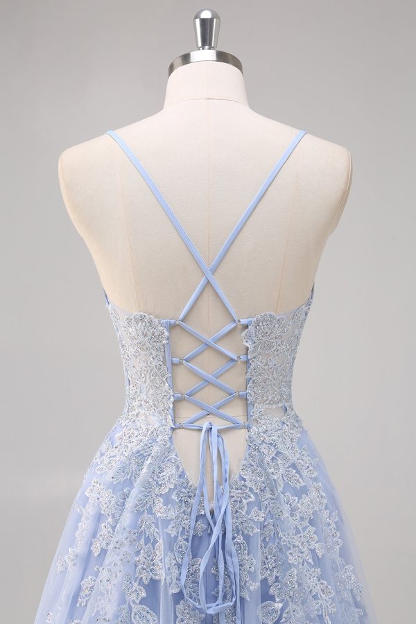 Lavendel A Line Spaghetti Bandjes Tule Kralen Lange Prom Jurk met Split Schn?ppchen – Bild 5