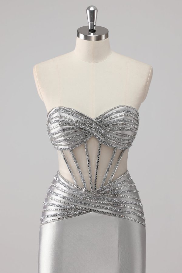 Grijze kralen strapless satijnen zeemeermin lange galajurk met split Verkauf – Bild 4