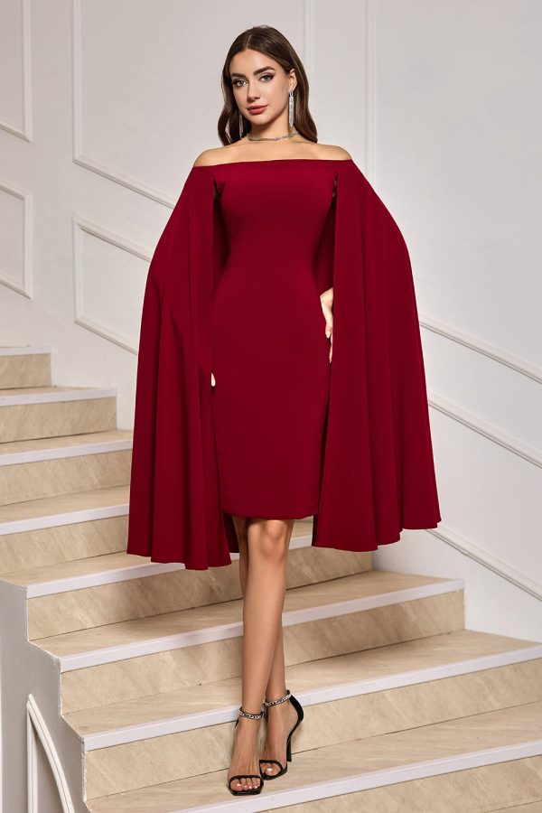 Bourgondische bodycon off the shoulder midi cocktailjurk met capemouwen Im Angebot