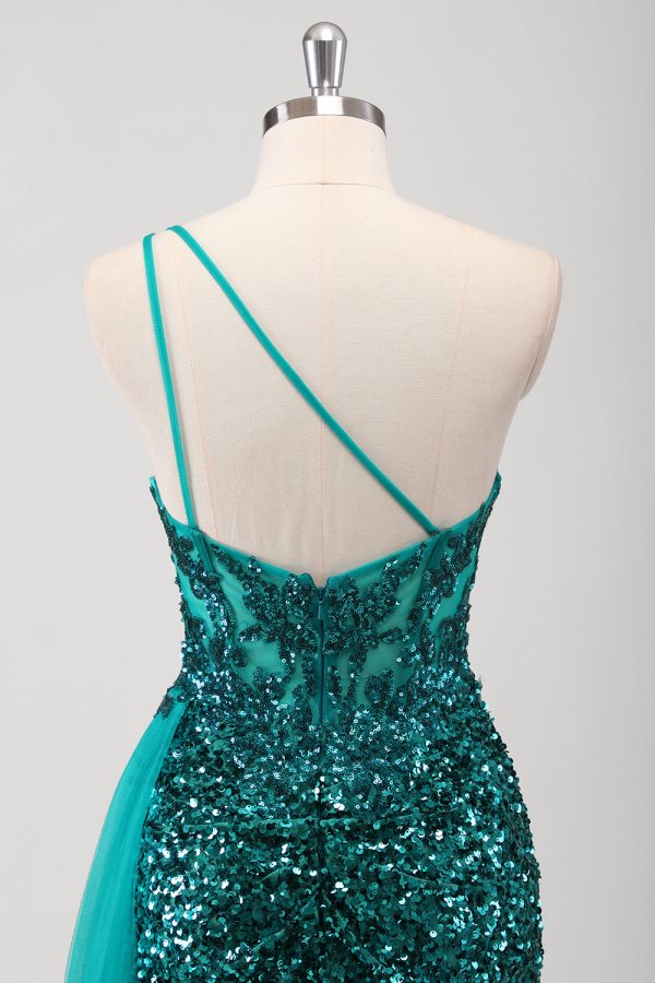 Peacock Groene Zeemeermin One Shoulder Corset Pailletten Lange Galajurk met Split Rabatt – Bild 5