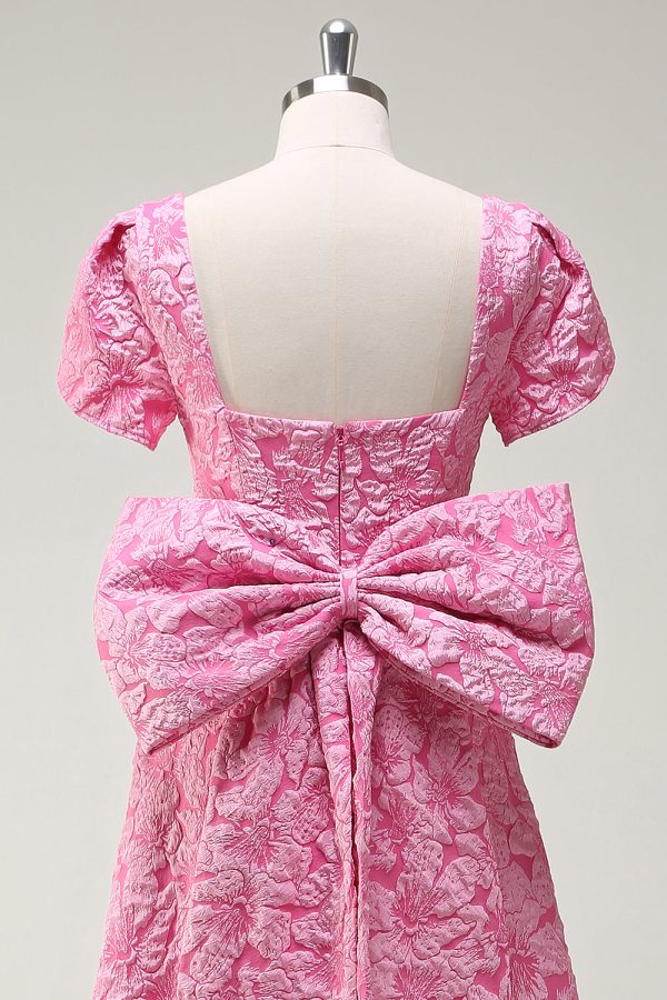 Fuchsia A-Line Bow Floral Galajurk met Vierkante Hals en Split Rabatt – Bild 5