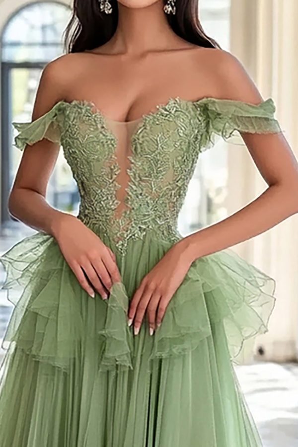 Stoffige salie tule off-shoulder A-lijn lange galajurk met kanten applicaties Mode – Bild 2