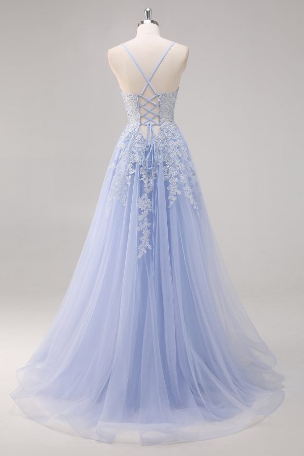 Lavendel A Line Spaghetti Bandjes Tule Kralen Lange Prom Jurk met Split Schn?ppchen – Bild 2