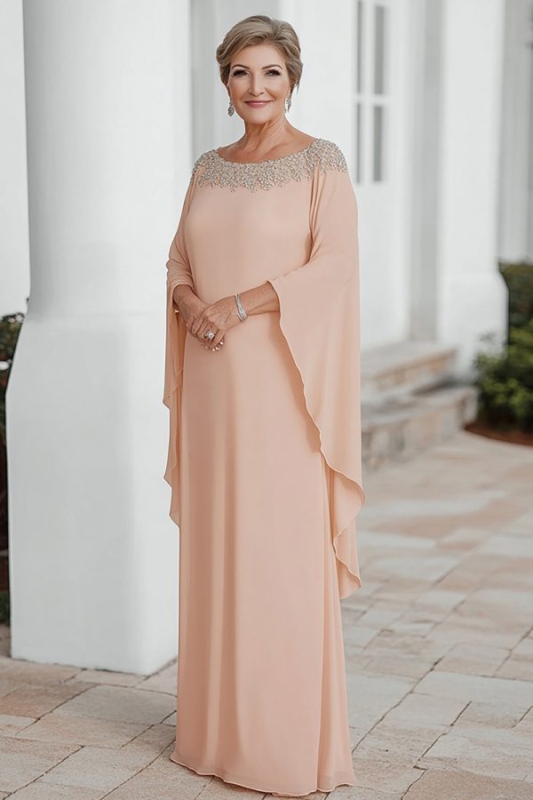 Abrikoos chiffon kolom scoop hals fladdermouwen moeder van de bruid jurk Online-Schn?ppchen