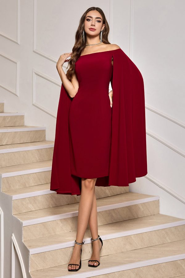 Bourgondische bodycon off the shoulder midi cocktailjurk met capemouwen Im Angebot – Bild 3