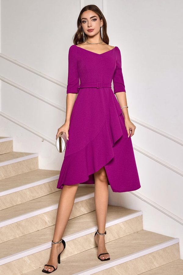 Grape Purple Asymmetrische Midi Cocktailjurk met Halve Mouwen Rabatt