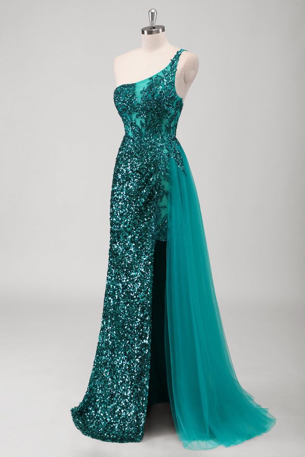 Peacock Groene Zeemeermin One Shoulder Corset Pailletten Lange Galajurk met Split Rabatt – Bild 3