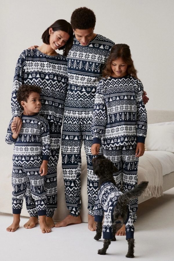 Navy Kerstmis sneeuwvlok en boom bedrukte familie pyjama sets Jetzt online