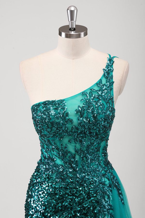 Peacock Groene Zeemeermin One Shoulder Corset Pailletten Lange Galajurk met Split Rabatt – Bild 4