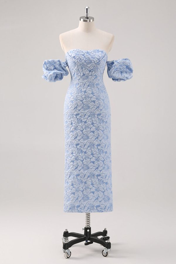 Blauwe Bloemen Thee Lengte Formele Jurk met Puff Mouwen Online-Schn?ppchen