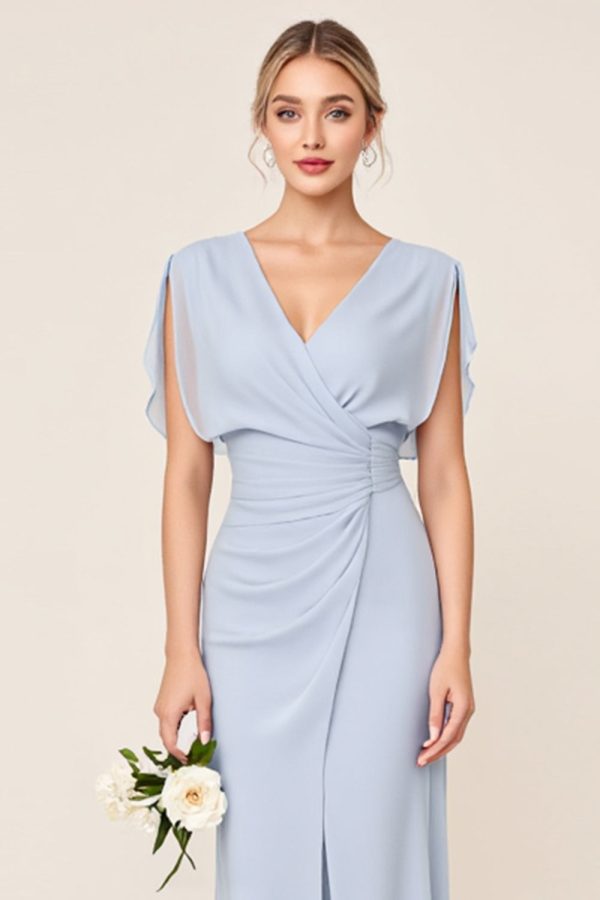 Lichtblauwe schede Wrap V-hals chiffon lange bruidsmeisjesjurk Online – Bild 3