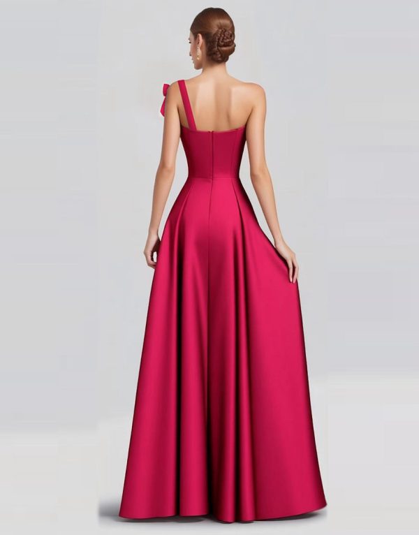 Fuchsia A-Line One Shoulder Bow Satijn Lange Formele Jurk Angebot – Bild 2
