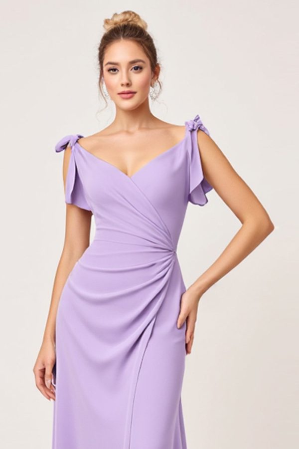 Lila chiffon Ruched V-hals lange bruidsmeisjesjurk met split Rabatt – Bild 4