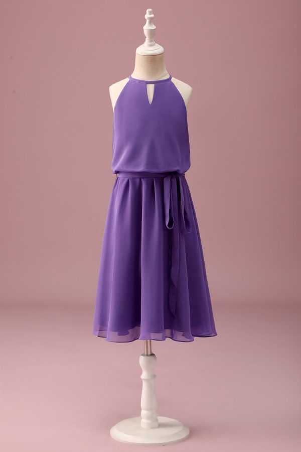 Paarse Halter Keyhole A Line Korte Junior Bruidsmeisjesjurk met Riem Rabatt