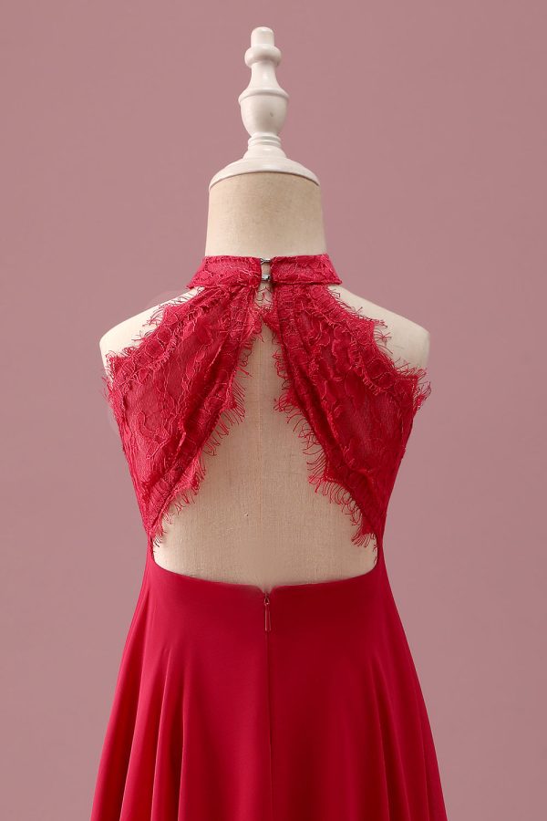 Kanten Halter Rood A Line Chiffon Ruched Junior Bruidsmeisje Jurk Zu verkaufen – Bild 5