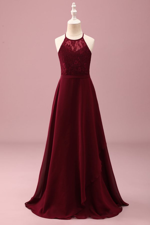Bourgondië Halter Lace A Line Chiffon Lange Junior Bruidsmeisje Jurk Zu verkaufen