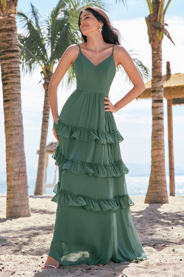 Gelaagde Eucalyptus A-lijn chiffon lange bruidsmeisjesjurk Mode – Bild 3