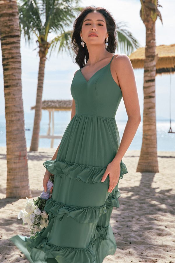 Gelaagde Eucalyptus A-lijn chiffon lange bruidsmeisjesjurk Mode – Bild 4