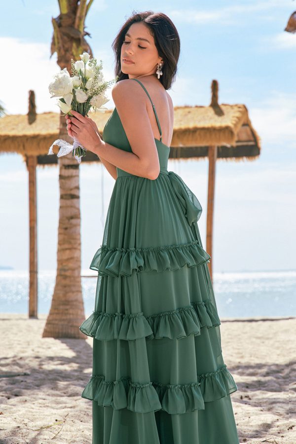 Gelaagde Eucalyptus A-lijn chiffon lange bruidsmeisjesjurk Mode – Bild 5