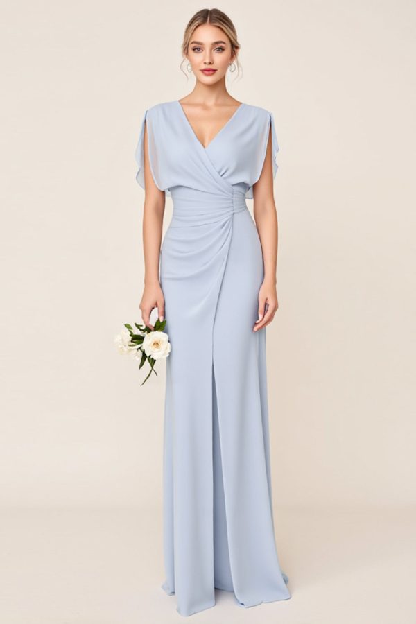Lichtblauwe schede Wrap V-hals chiffon lange bruidsmeisjesjurk Online