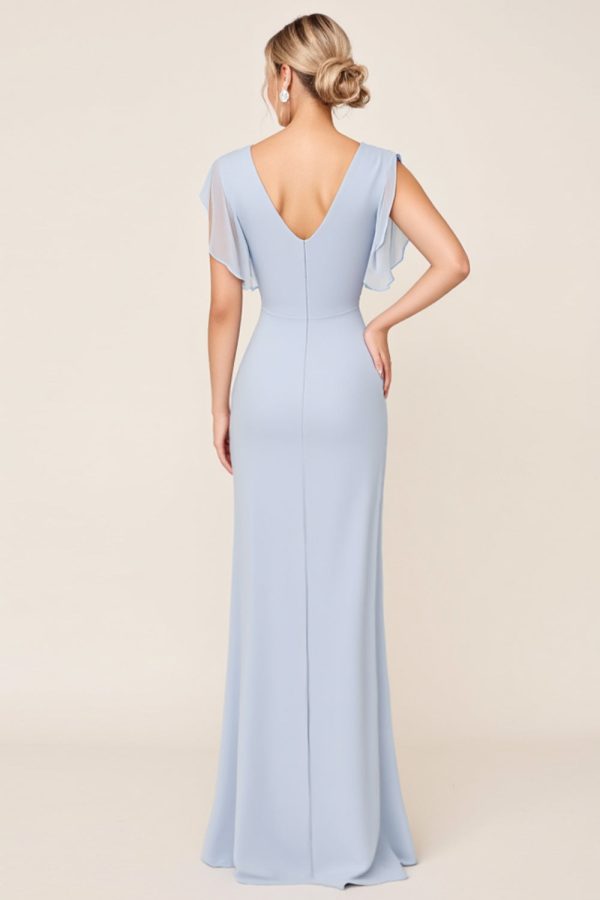 Lichtblauwe schede Wrap V-hals chiffon lange bruidsmeisjesjurk Online – Bild 2