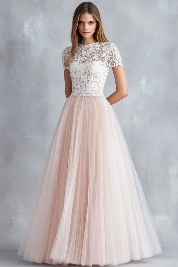 Lichtroze A Line Lace Tulle Bruidsmeisjesjurk met korte mouwen Mode