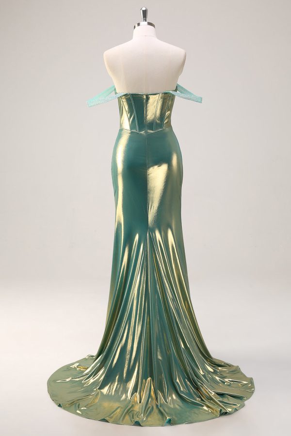 Groene Off the Shoulder Zeemeermin Metallic Lange Korset Prom Dress met Split Im Angebot – Bild 2