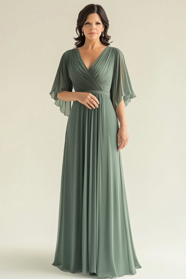Agave Chiffon Geplooide Flare Mouwen V-hals Moeder van de Bruid Jurk Jetzt online