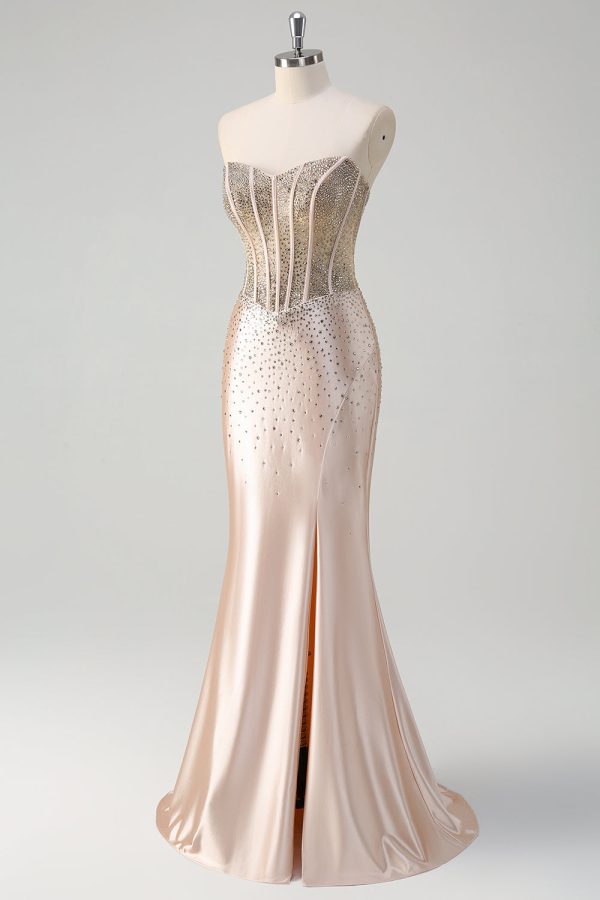 Champagne zeemeermin strapless korset lange galajurk met kralen Online – Bild 4