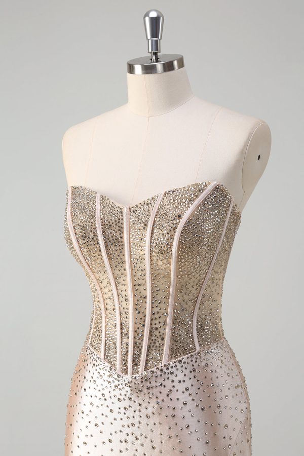 Champagne zeemeermin strapless korset lange galajurk met kralen Online – Bild 5