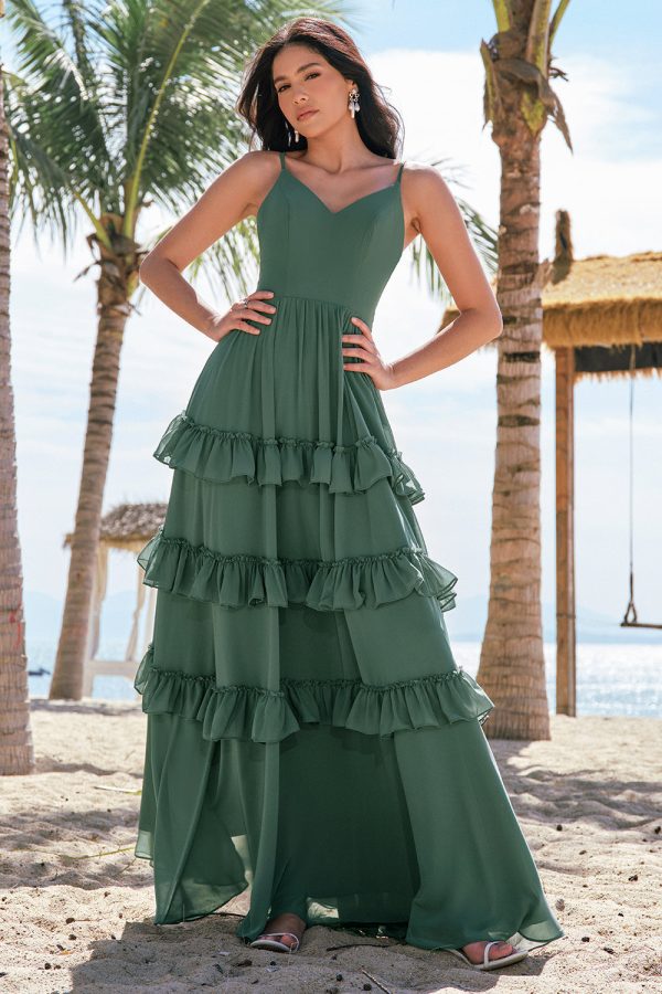 Gelaagde Eucalyptus A-lijn chiffon lange bruidsmeisjesjurk Mode